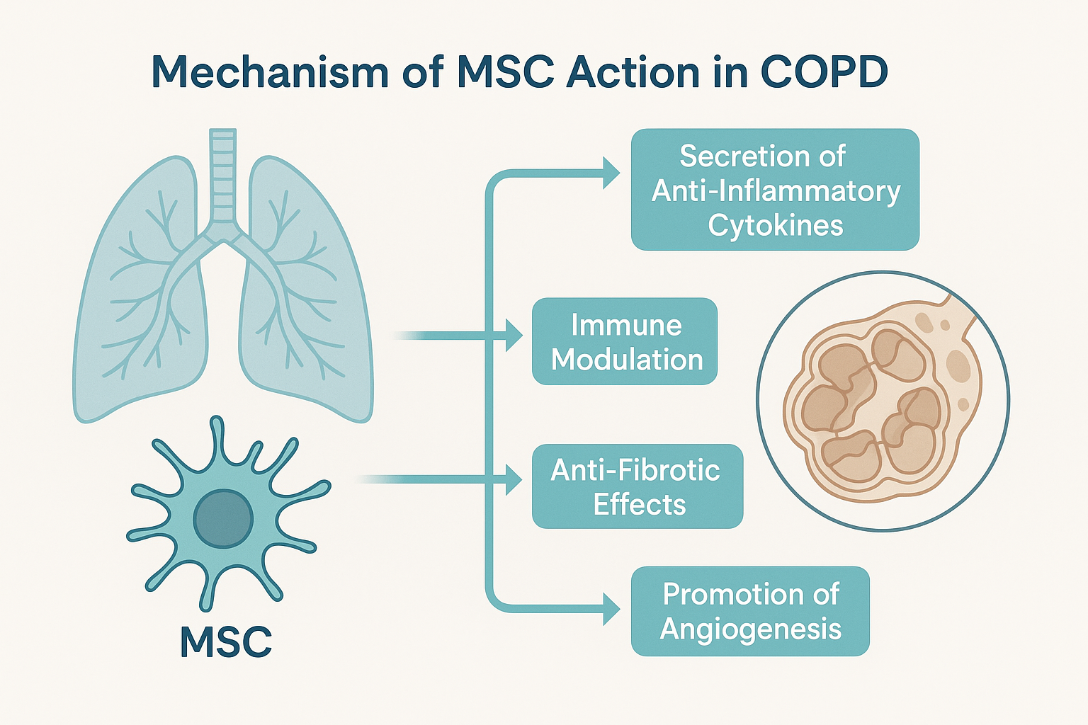 Infographic illustrating progressive lung damage in COPD and how stem cell therapy may help reduce inflammation, fibrosis, and tissue damage.