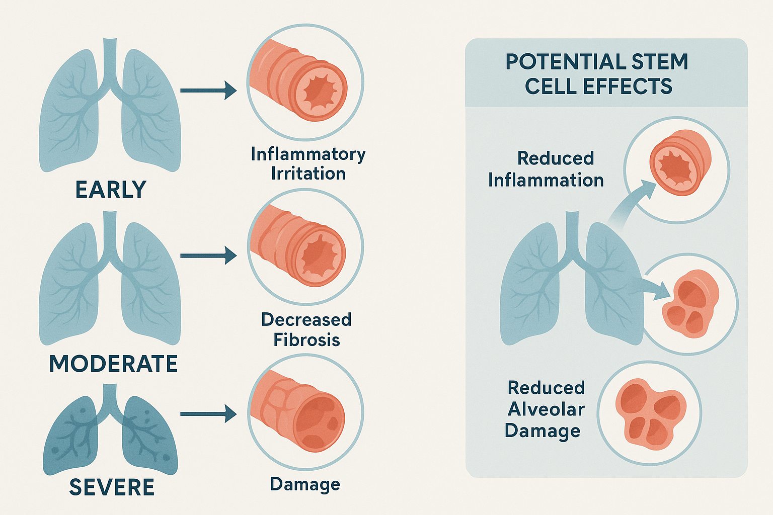 Infographic illustrating progressive lung damage in COPD and how stem cell therapy may help reduce inflammation, fibrosis, and tissue damage.