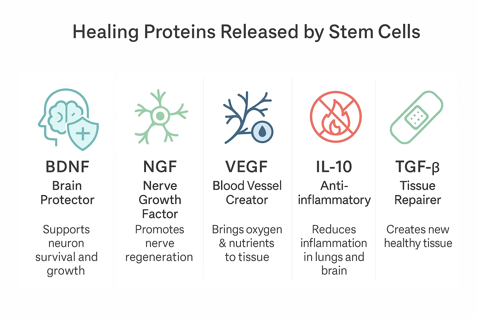 Infographic chart with five icons representing stem cell healing proteins: BDNF, NGF, VEGF, IL-10, and TGF-β, each labeled with simple functions.