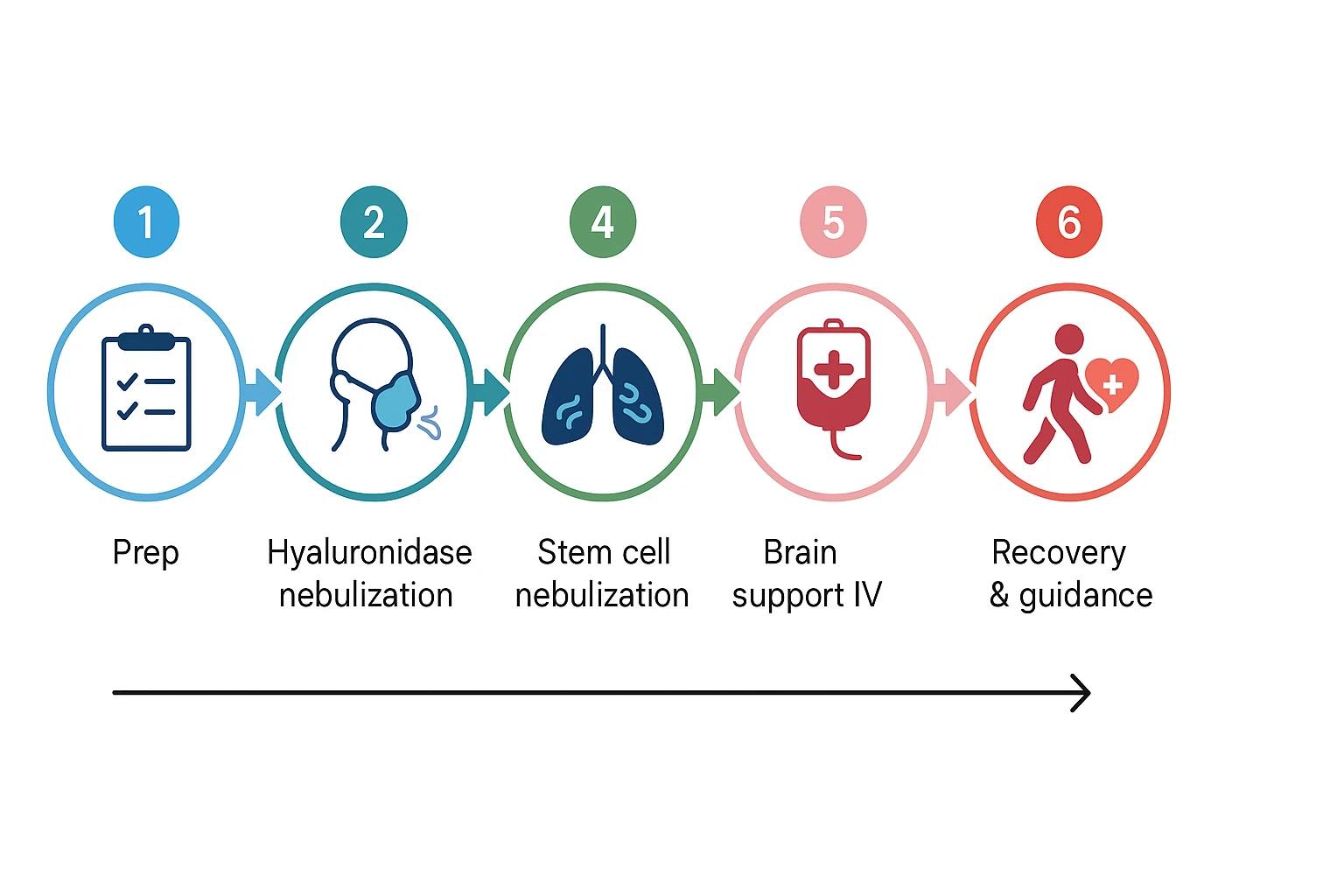 Horizontal flowchart with six numbered circles showing treatment steps: preparation, IV placement, nebulization, brain support IV, and recovery.