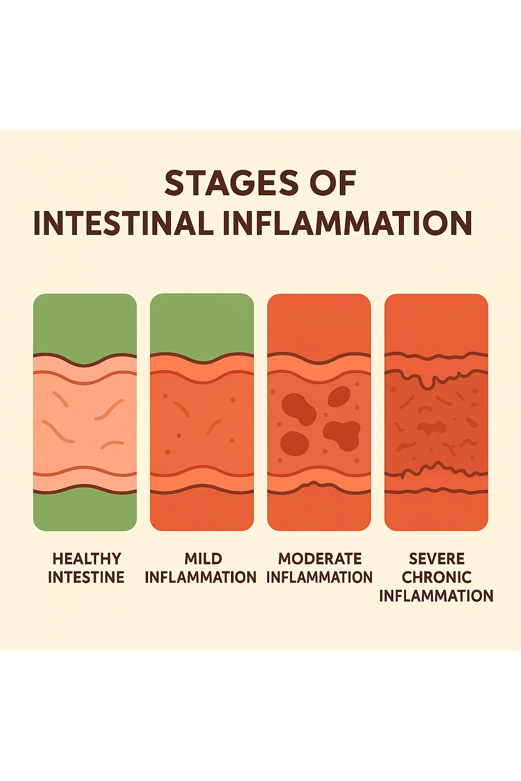 Visual infographic of intestinal inflammation stages, from healthy intestine to severe chronic colitis, explained with clear medical graphics.