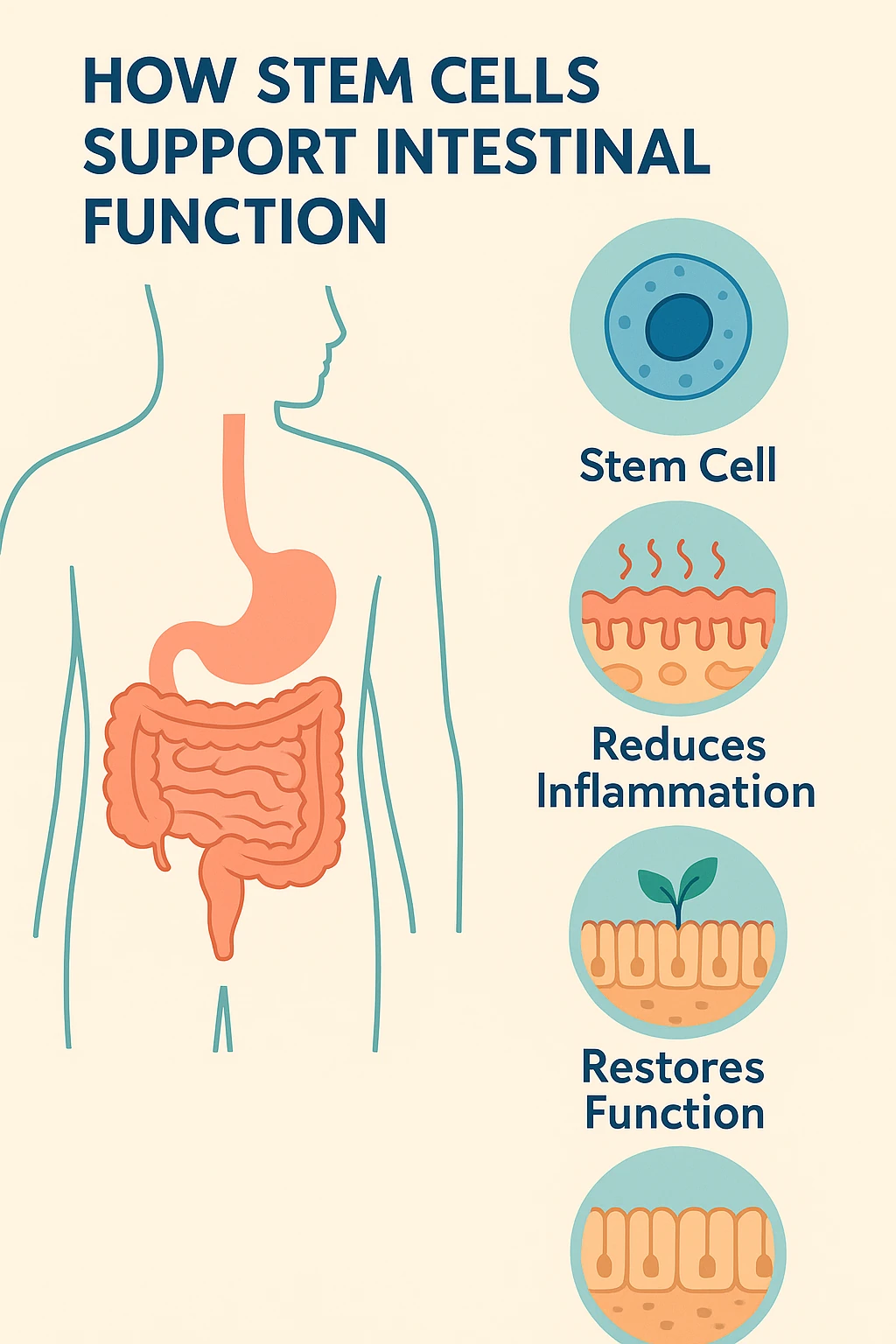 Infographic showing how stem cells reduce inflammation, restore gut lining, and support intestinal health in ulcerative colitis treatment.