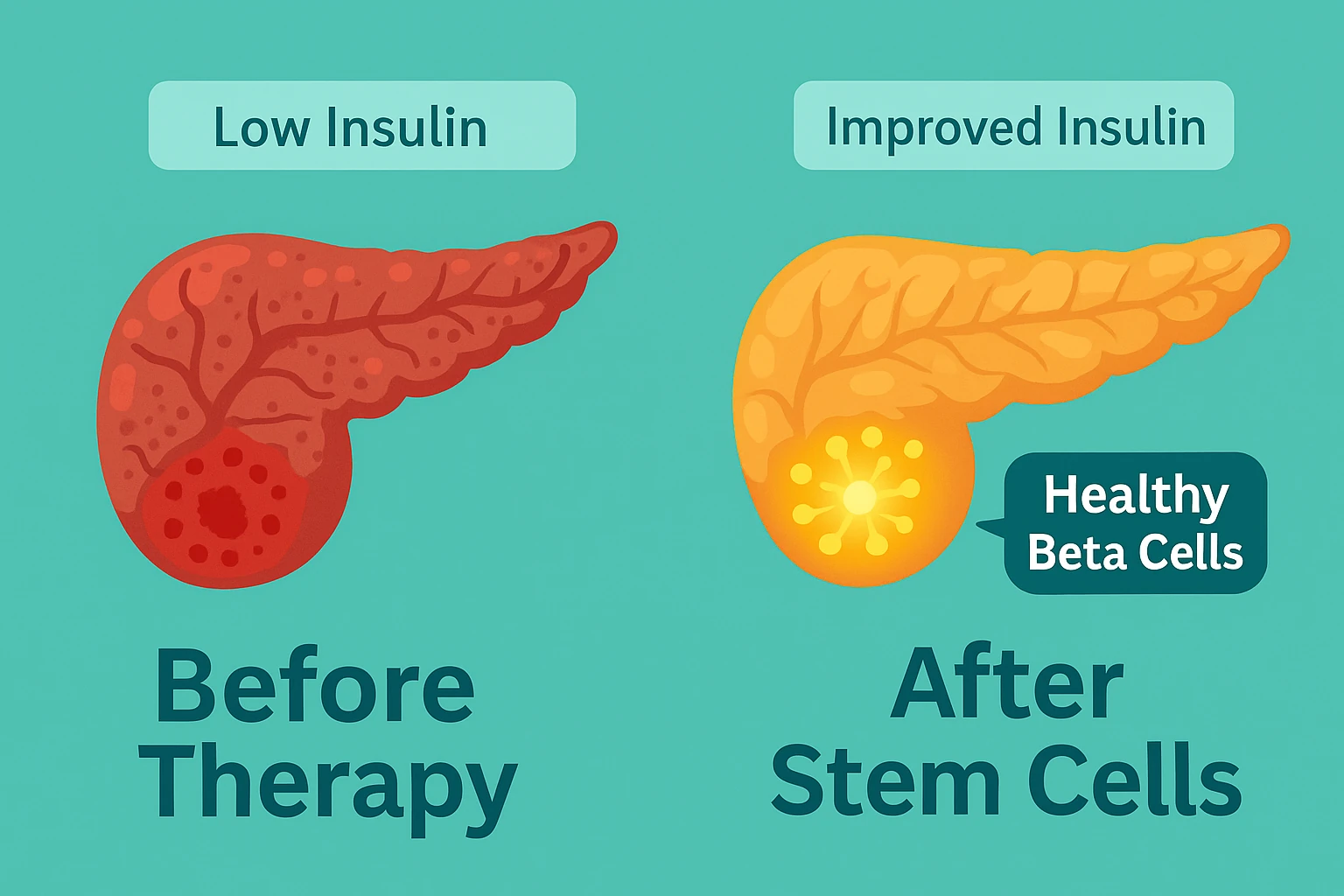 Infographic showing stem cells traveling through the bloodstream to the pancreas, liver, and muscle tissue, highlighting improved insulin production and better blood sugar control.