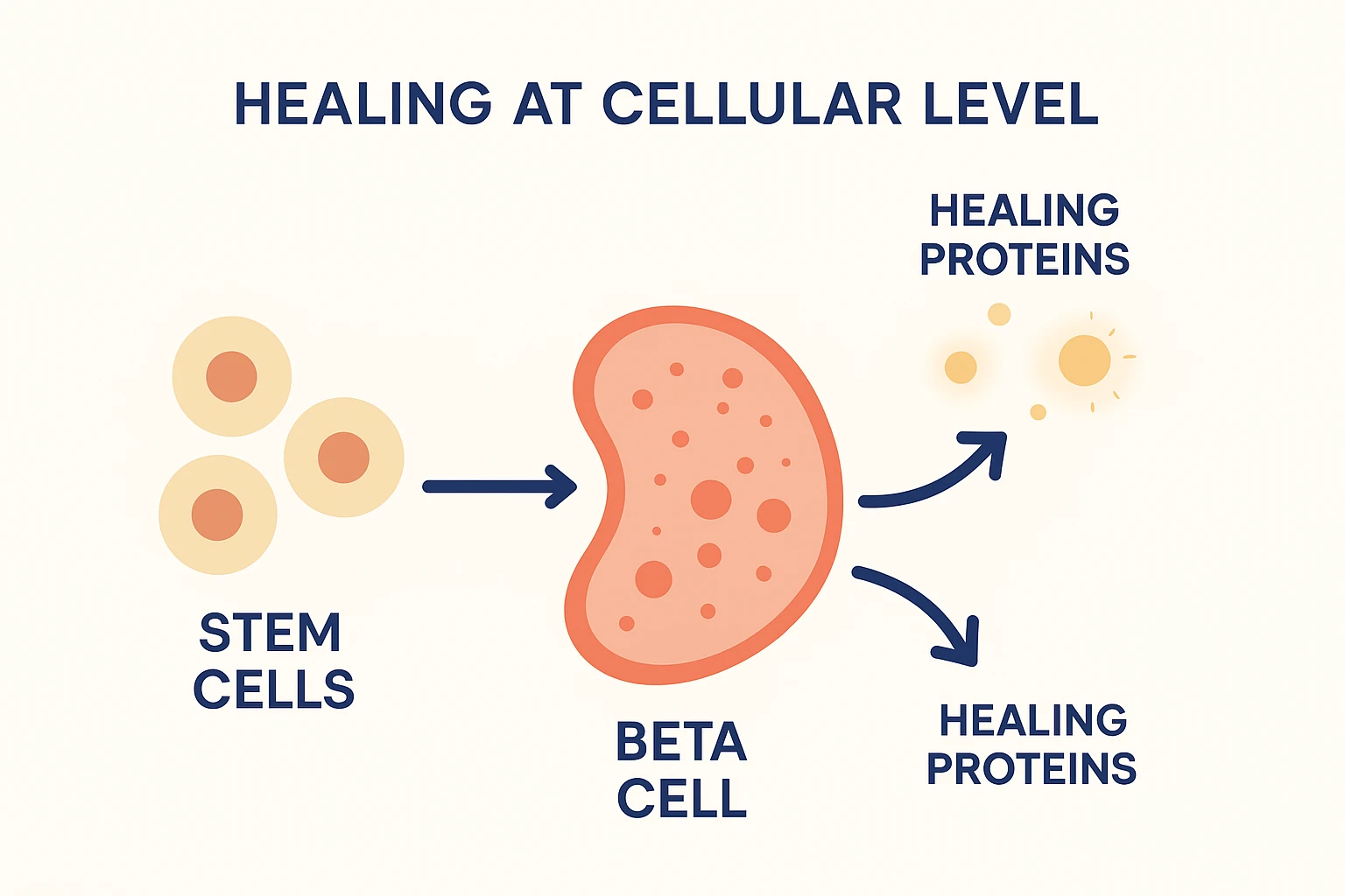 Comparison illustration of a pancreas before and after stem cell therapy, showing inflamed beta cells with low insulin production versus healthy beta cells with improved insulin output.