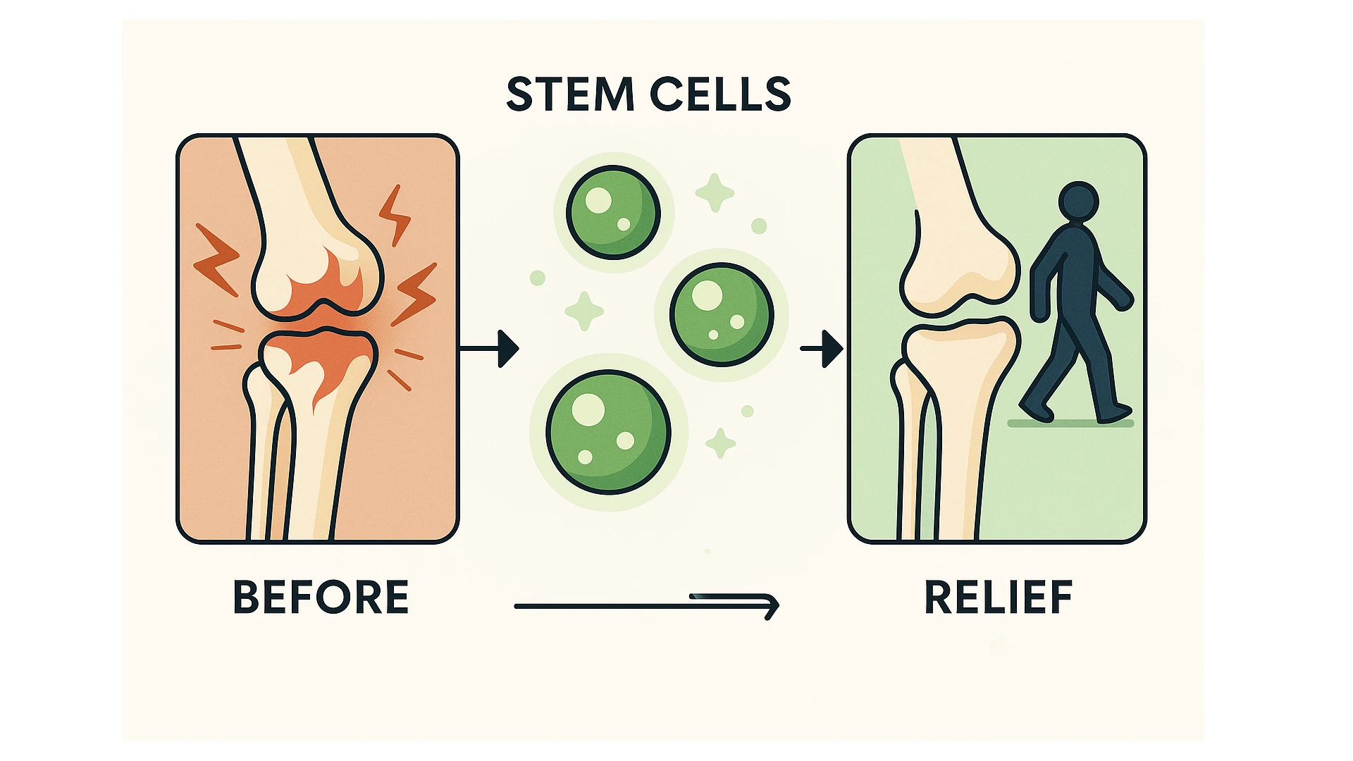 Visual pathway of rheumatoid arthritis treatment: stem cells reduce inflammation and improve joint health.