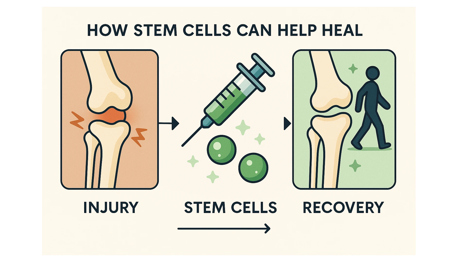 Infographic showing an injured joint, stem cells being delivered through infusion, and recovery with restored mobility.