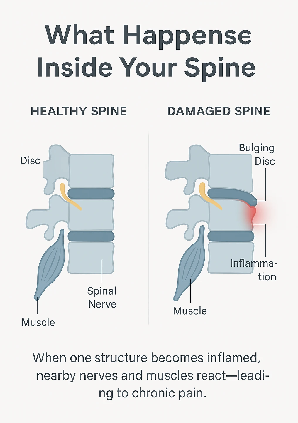 Illustration comparing a healthy spine and a damaged spine, showing how a bulging disc and inflammation irritate spinal nerves and muscles, leading to chronic back pain.