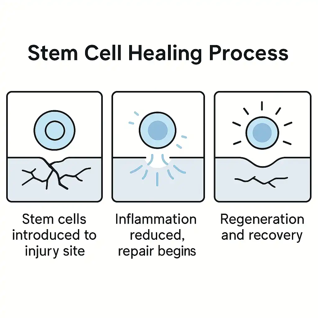 Three-panel medical illustration showing stem cells reducing inflammation and regenerating tissue as part of the healing process in sports recovery.