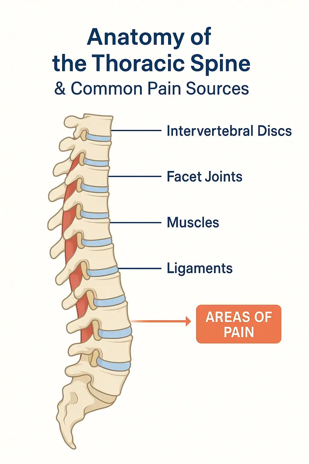 Diagram of thoracic spine showing vertebrae, discs, facet joints, muscles, and ligaments with highlighted pain areas between shoulder blades.