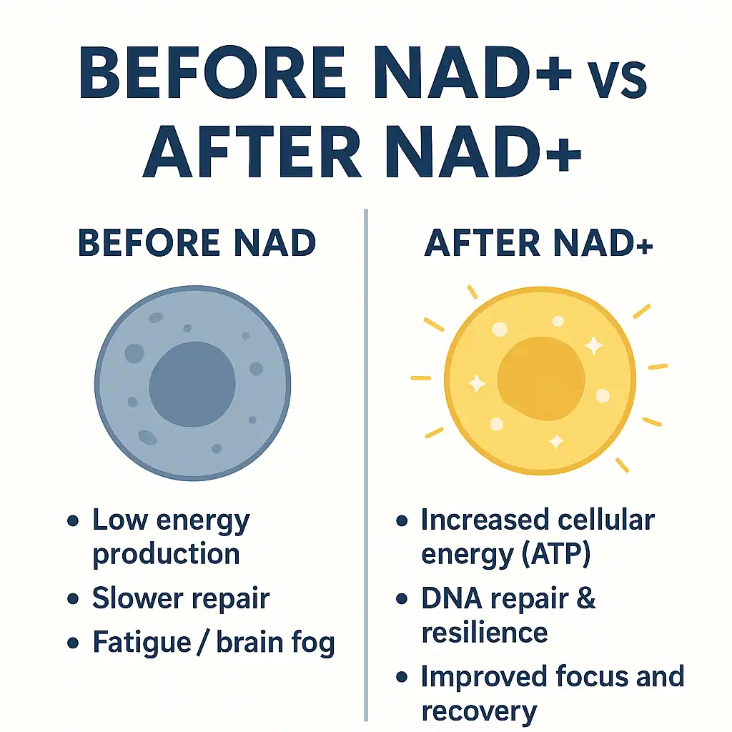 “Illustration comparing a cell before and after NAD⁺ therapy — left side shows a dull, low-energy cell; right side shows a bright, healthy cell with bullet points listing benefits like increased energy, DNA repair, and improved focus.”